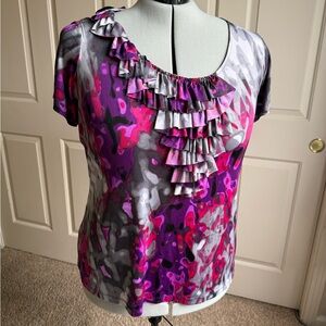 Worthington Pink, Purple, and Silver Ruffled Short Sleeve Blouse Size 3x